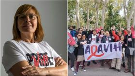 Cándida Álvarez Fernández (izq.) y AGAVIH en la marcha del Pride positivo de 2022 (dcha.)