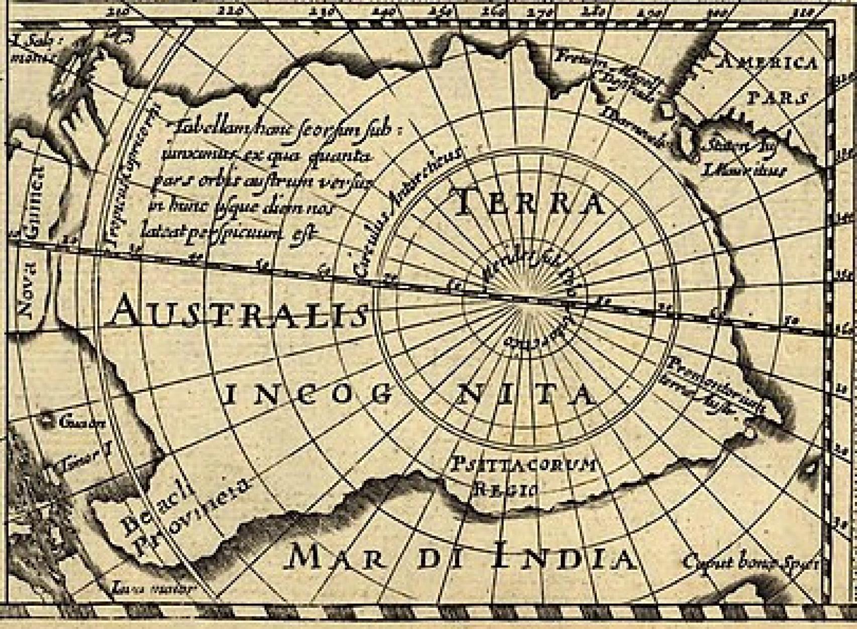 Detalle del mapa de Jodoco Hondio donde aparece  la Terra Australis. 1618