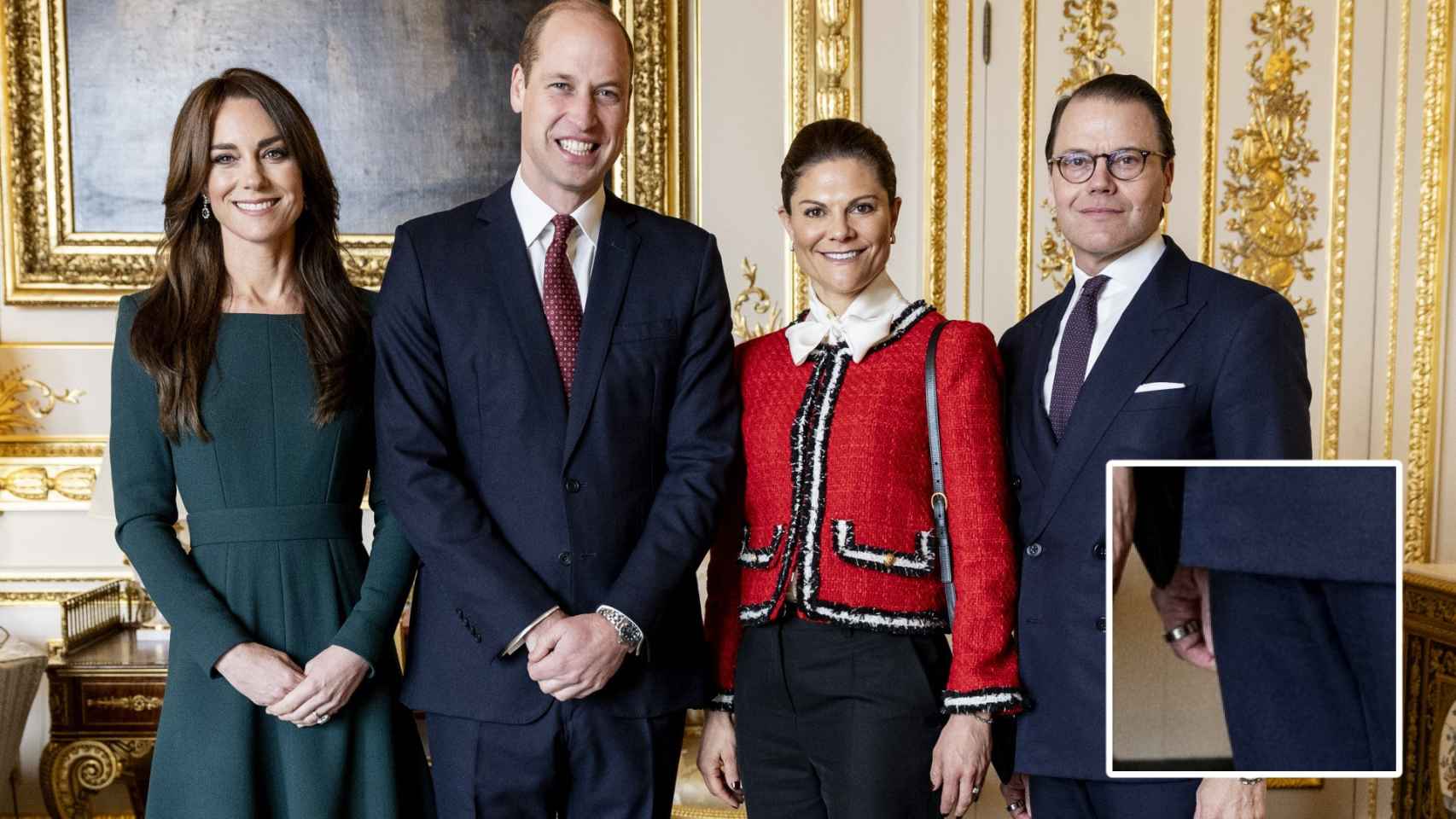 Montaje de EL ESPAÑOL del anillo de Daniel de Suecia y la imagen de Kate Middleton, el príncipe Guillermo, Victoria y Daniel de Suecia.