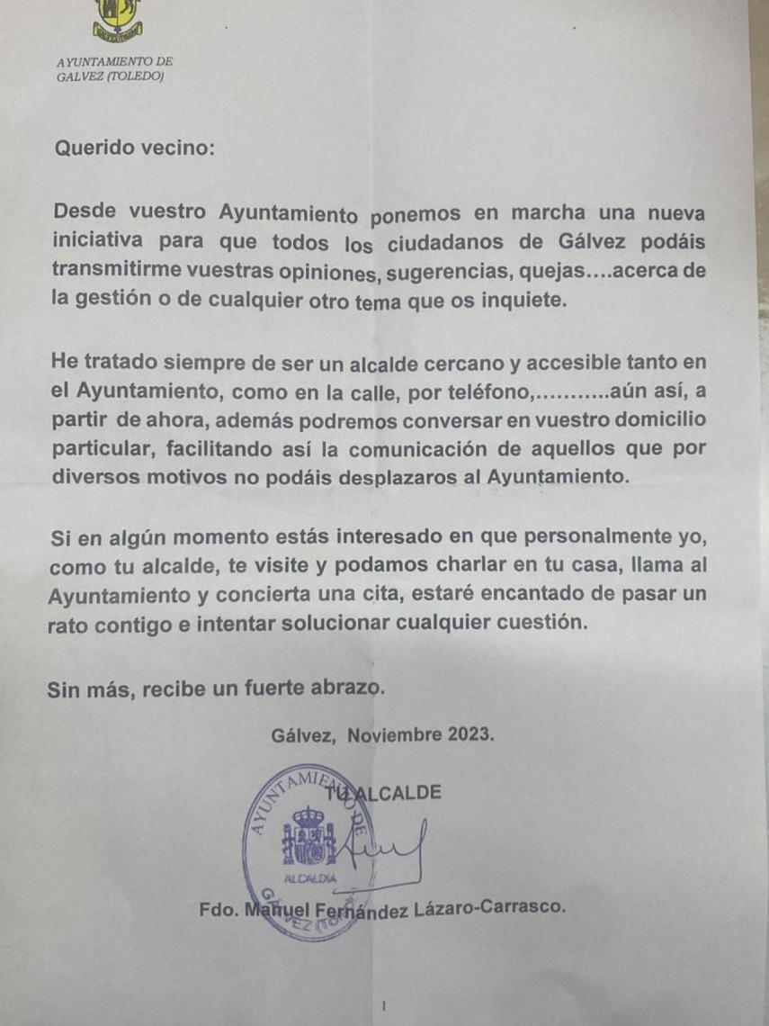 Carta del alcalde de Gálvez a los vecinos