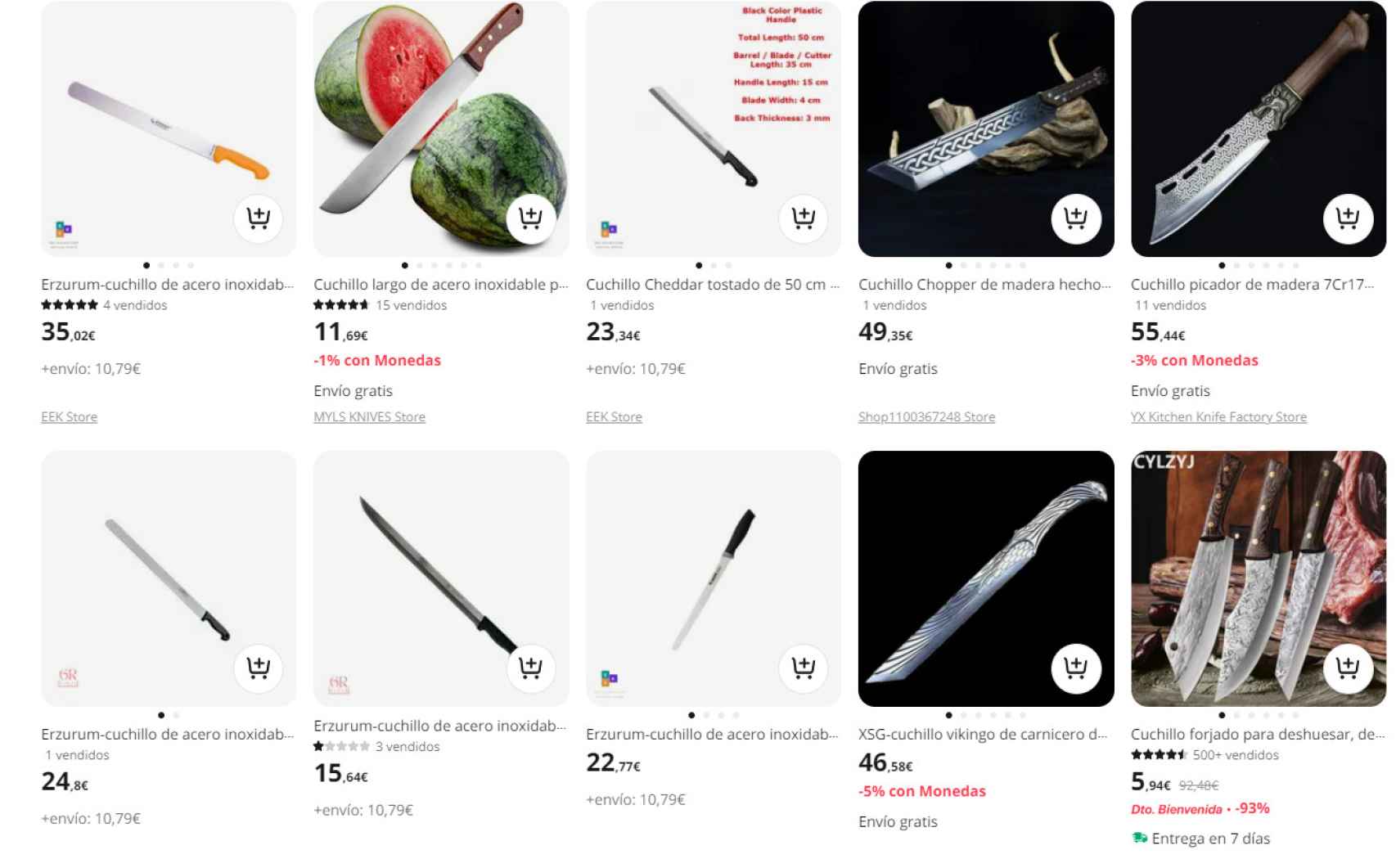 Machetes y cuchillos a la venta en Aliexpress.