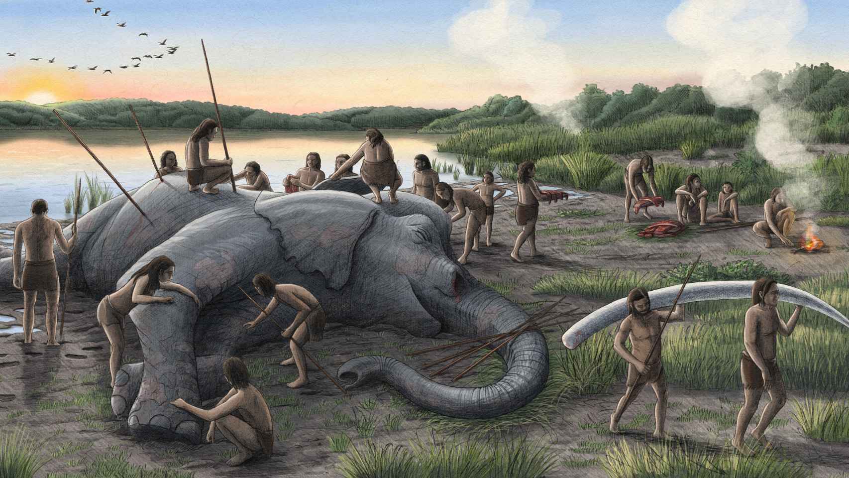 Reconstrucción artística de un grupo de neandertales descuartizando un elefante prehistórico (Palaeoloxodon antiquus).