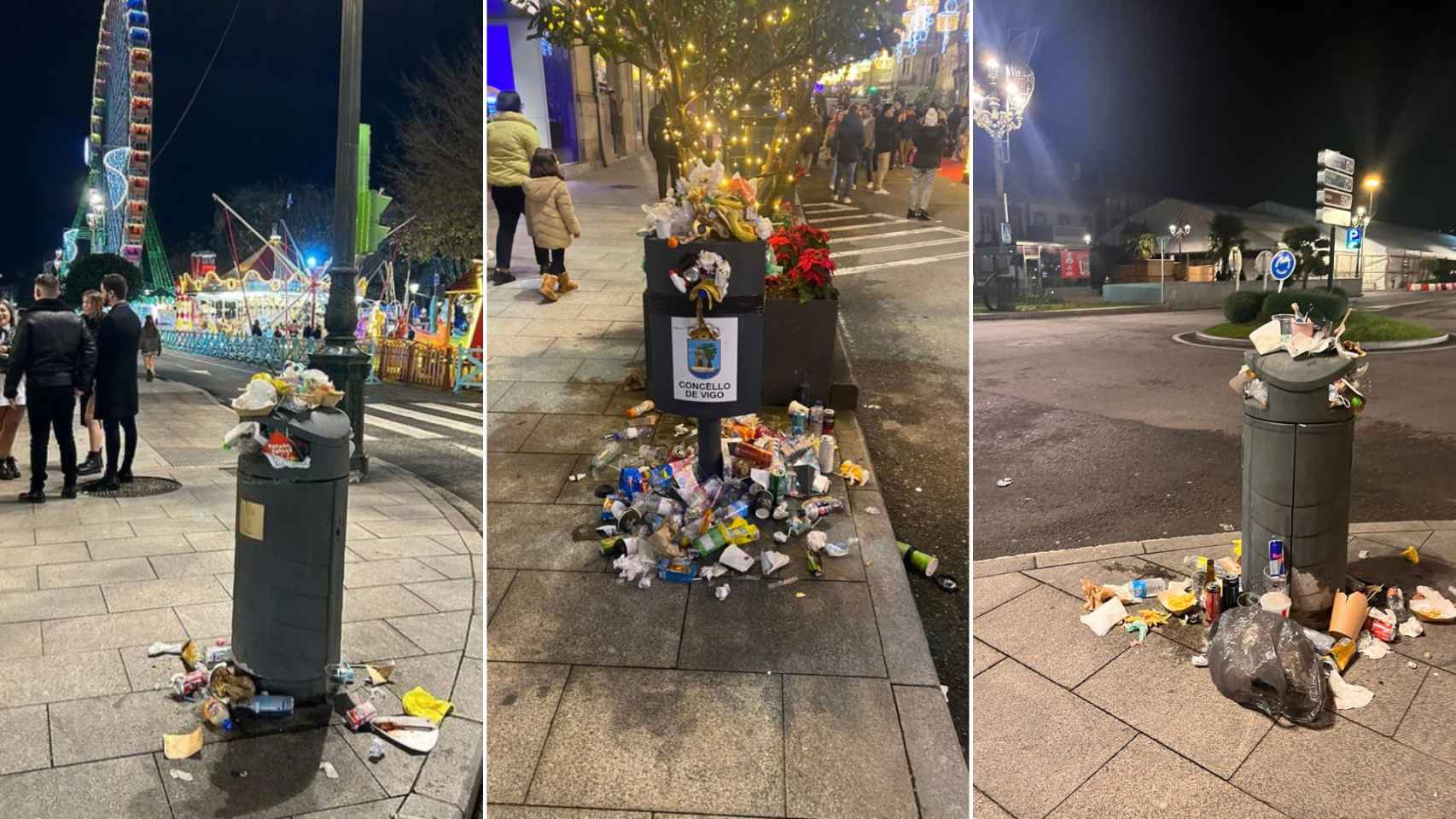 Papeleras repletas de basura en el centro de Vigo.