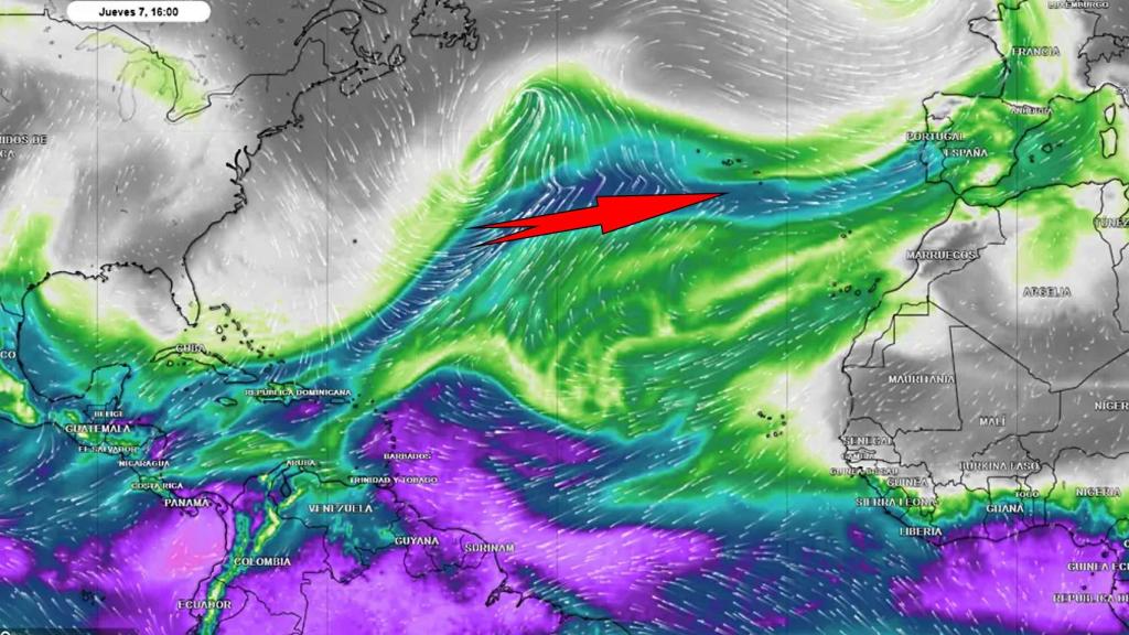 El río atmosférico que conectará el Caribe con España a mediados de semana. Meteored.