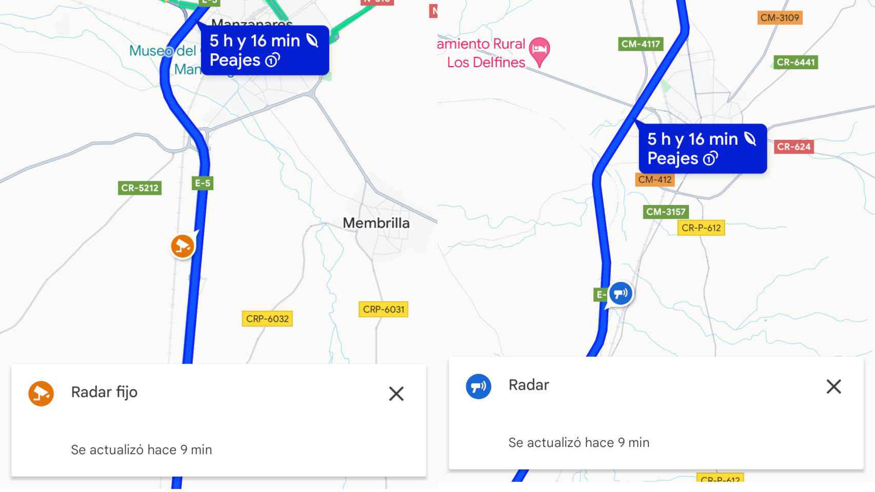 Radar fijo (izq) y radar móvil (der) en Google Maps