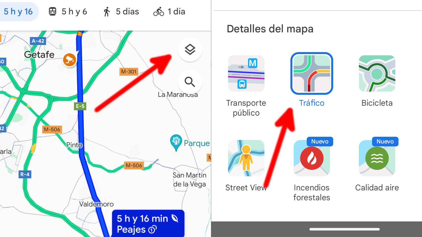 Activando la capa de tráfico en Google Maps