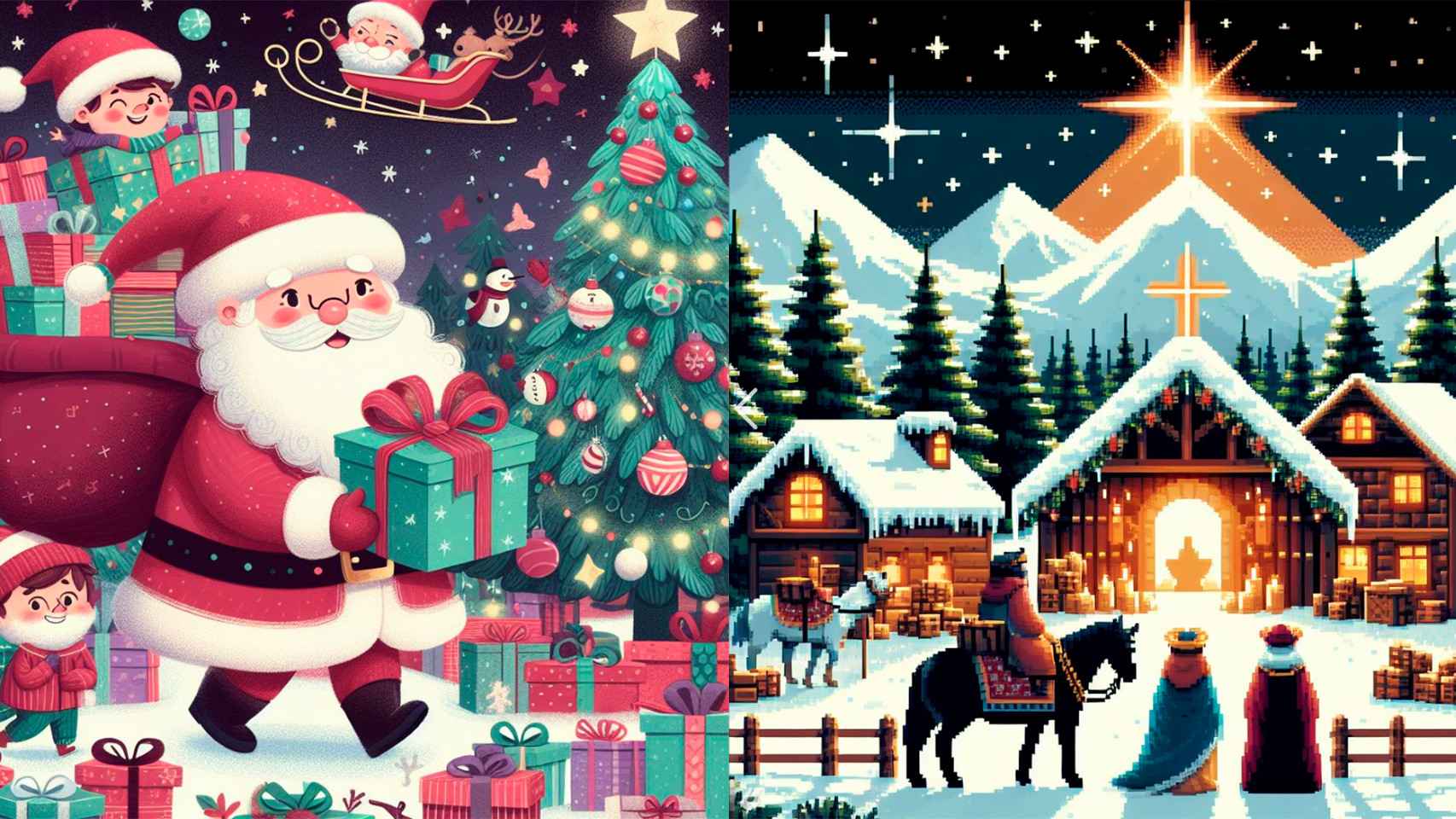 Dos felicitaciones navideñas creadas con los estilos ilustración y Pixel Art