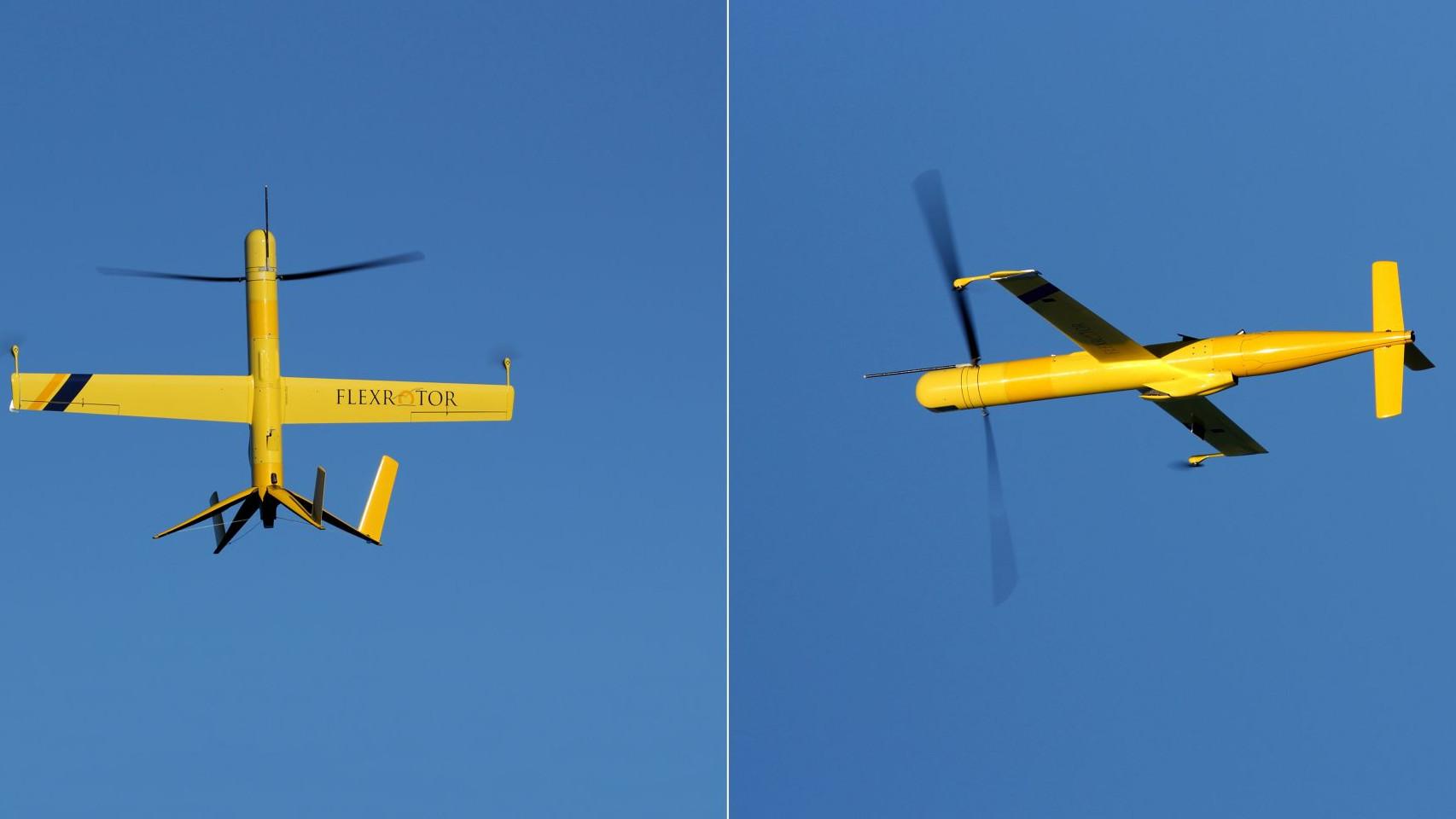 Flexrotor en modo despegue o aterrizaje (izquierda) y en modo vuelo (derecha)
