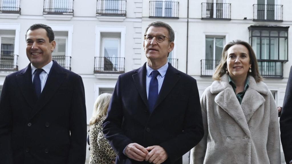 El líder del PP, Alberto Núñez Feijóo, junto a su número dos y barones regionales a su llegada al Congreso para el acto por el Día de la Constitución, este miércoles.