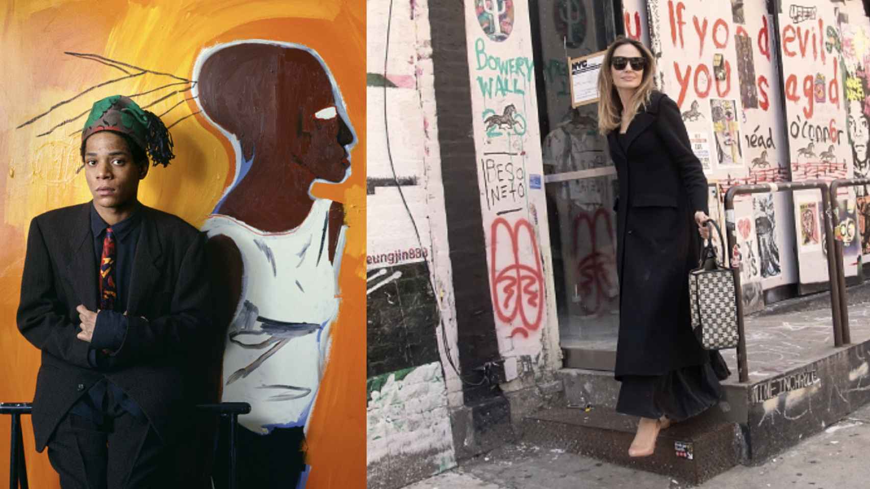 A la izquierda, Jean-Michel Basquiat; a la derecha, Angelina Jolie en el exterior del estudio.