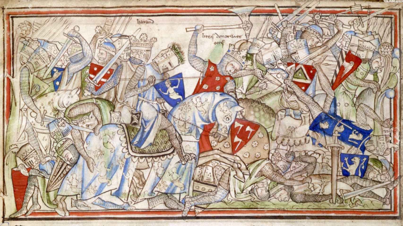 Muerte del rey Harald (centro) en la batalla de Stamford Bridge de 1066. Inglaterra s. XIII