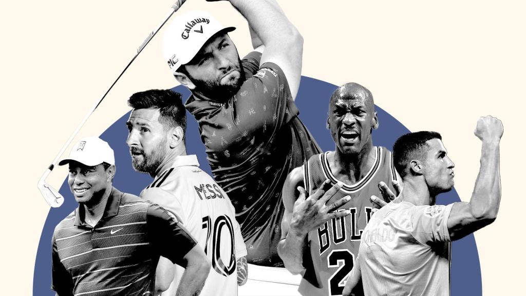 Tiger Woods, Leo Messi, Jon Rahm, Michael Jordan y Cristiano Ronaldo, en un fotomontaje