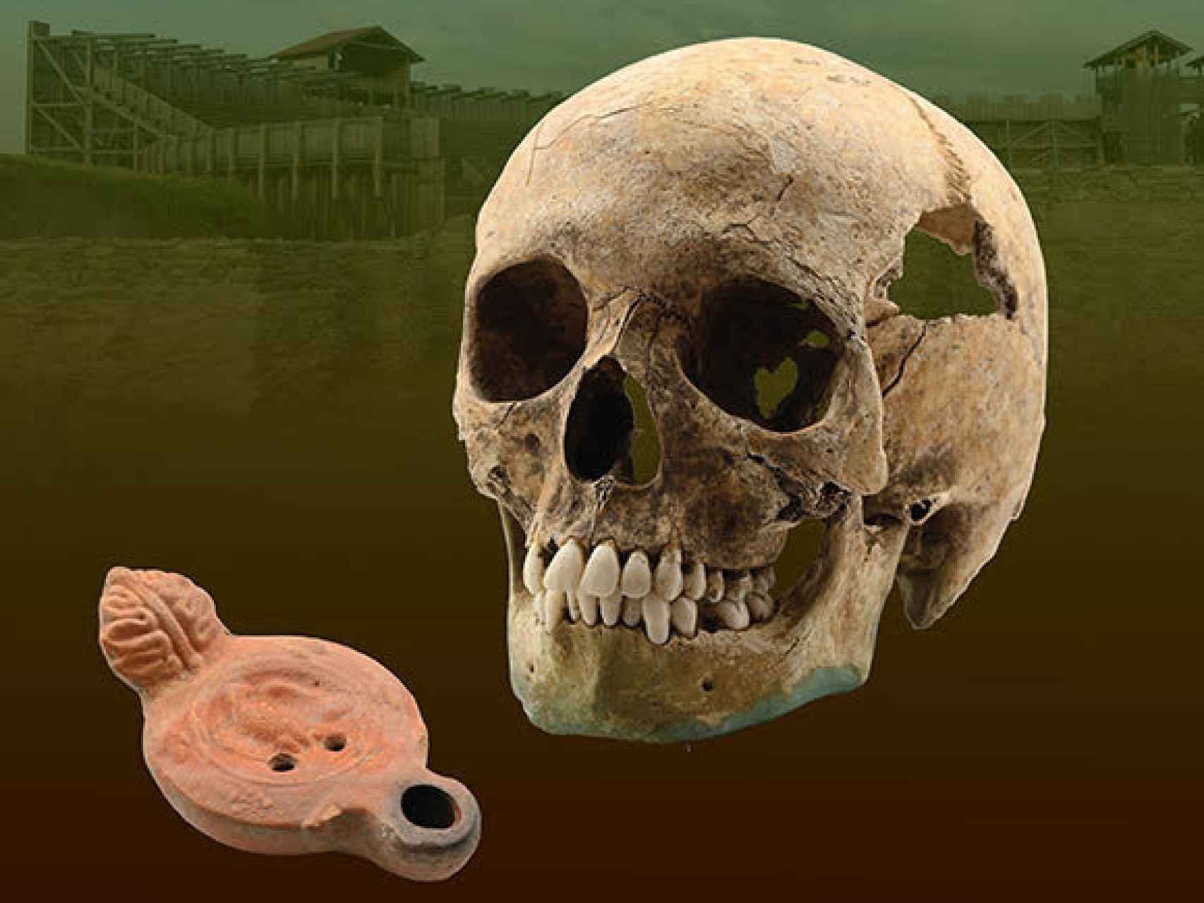 Cráneo de un individuo africano y la lámpara con el águila legionaria con la que fue enterrada.