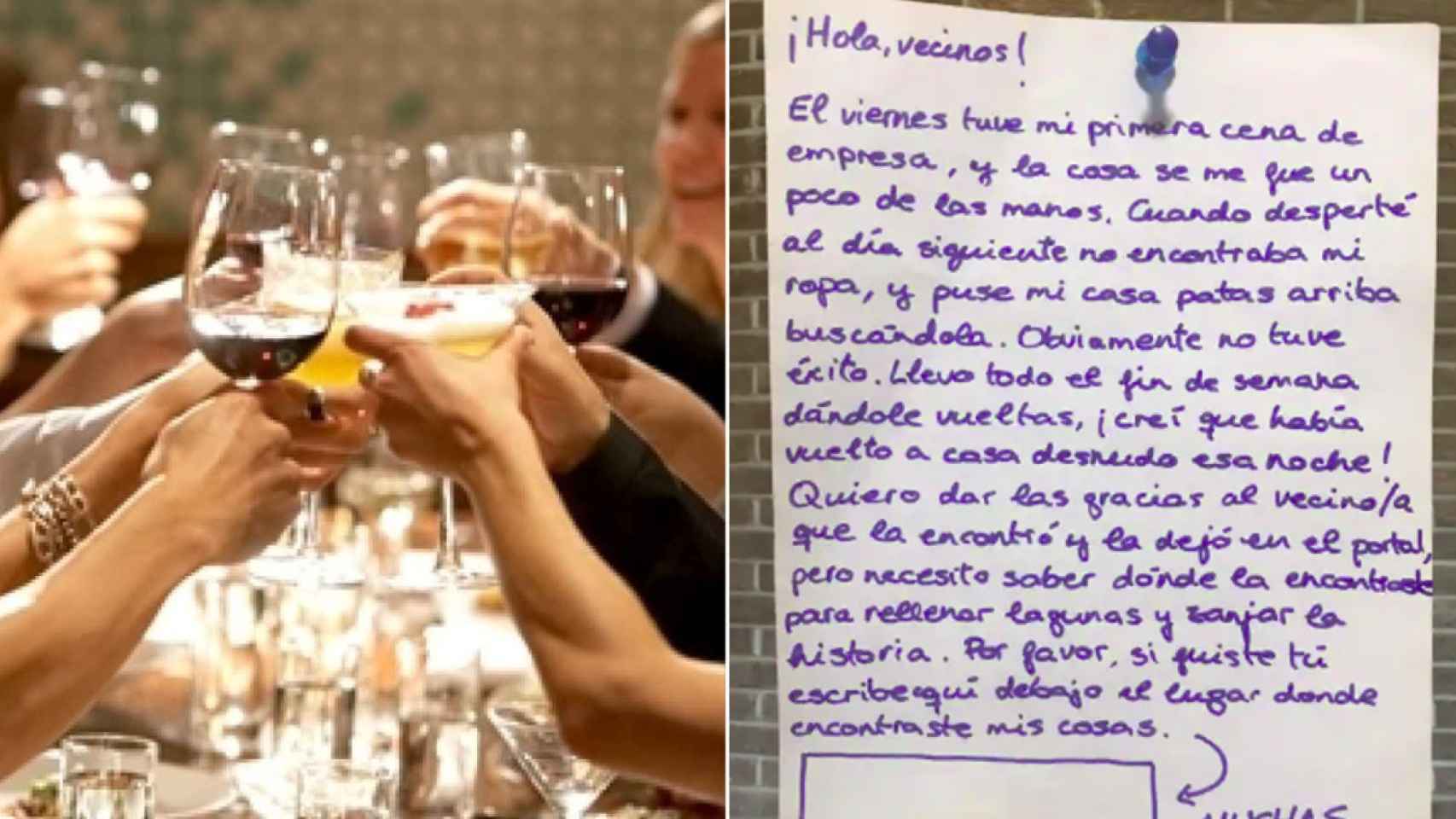 Imagen de una cena de empresa y captura de la imagen de la nota que ha publicado 'Diario Vasco'.