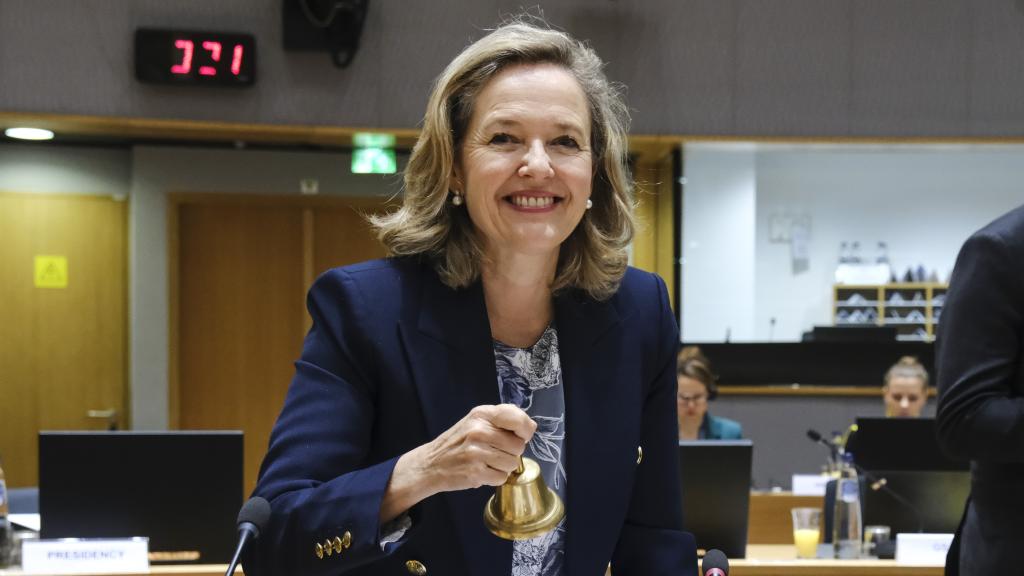 La vicepresidenta primera, Nadia Calviño, durante la reunión del Ecofin de este viernes en Bruselas