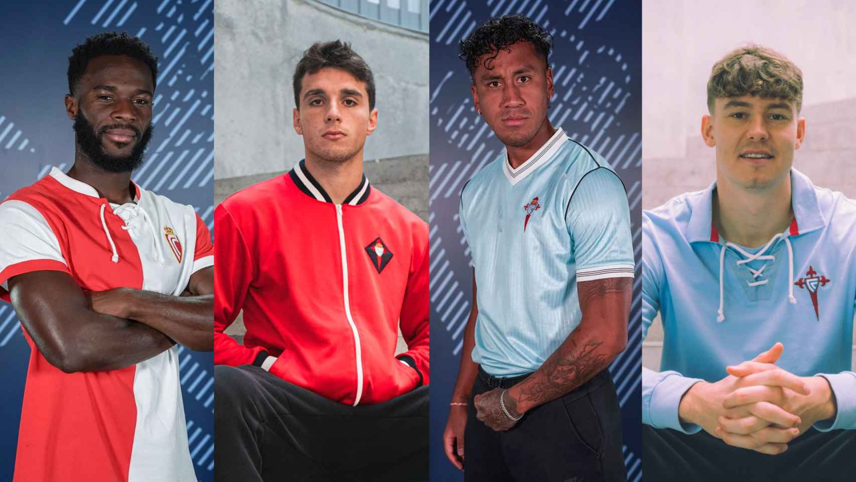 Bamba, Douvikas, Tapia y Larsen posan con los modelos vintage del Celta.