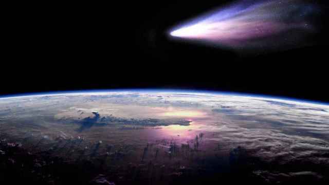 Recreación del Cometa Halley volando sobre la Tierra