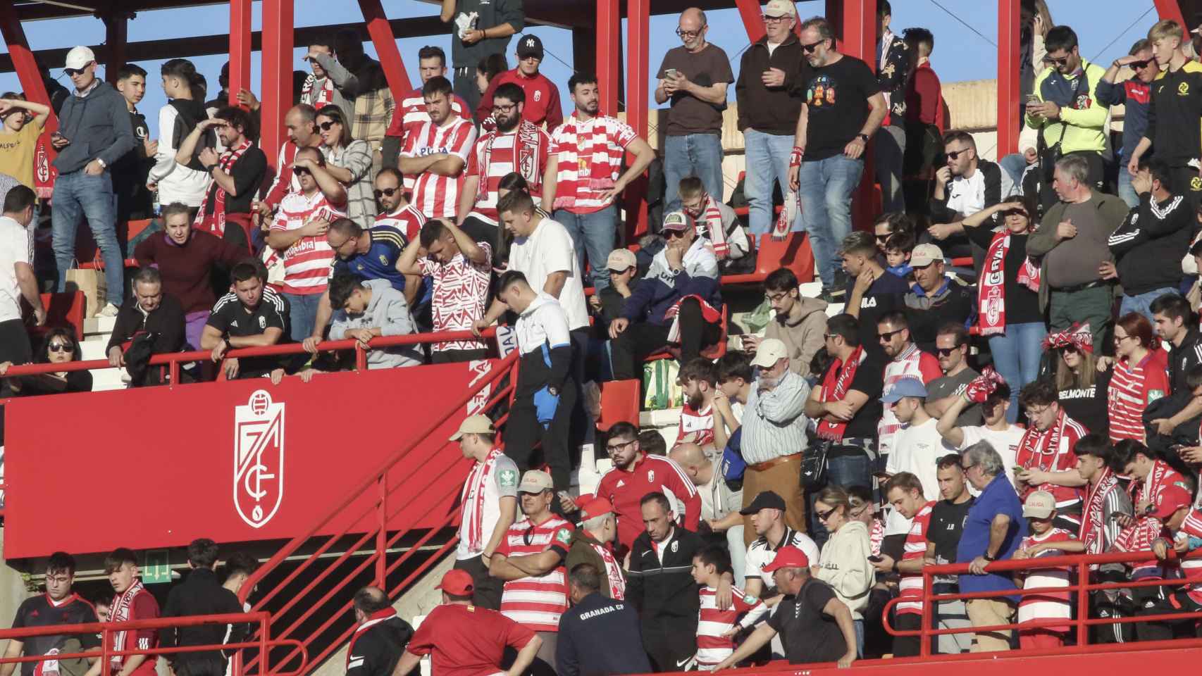 El público del partido Granada - Athletic observa la zona donde este domingo un asistente es atendido por los servicios médicos tras sufrir una parada en el Nuevo Estadio de los Cármenes