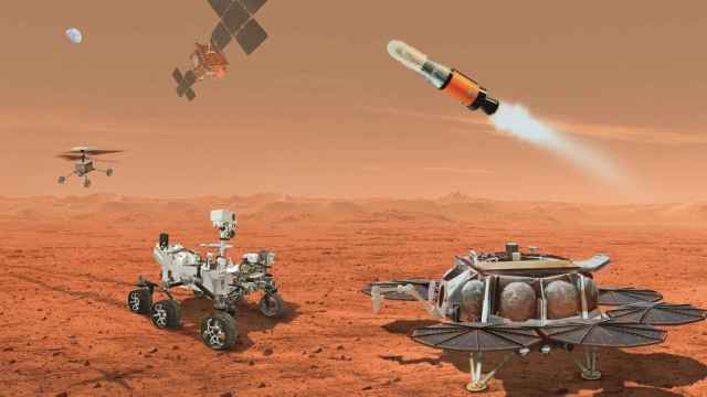 Recreación de múltiples robots en torno  al rover Mars Perseverance. Imagen: NASA