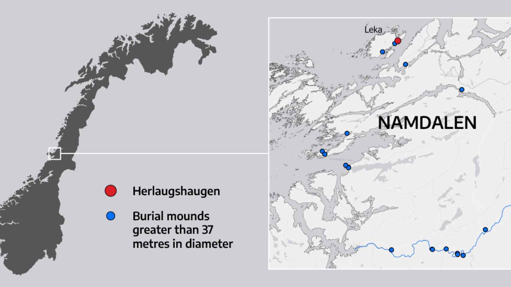 Mapa que ubica el túmulo de Herlaugshaugen y resto de grandes túmulos en el centro de Noruega