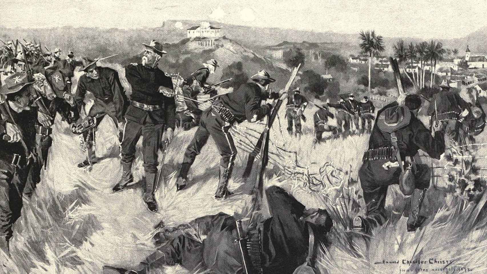 Soldados estadounidenses durante el asalto a El Caney, Cuba. Ilustración 18989-1899