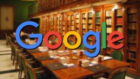 Fotomontaje con la biblioteca de la RAE y el logo de Google.