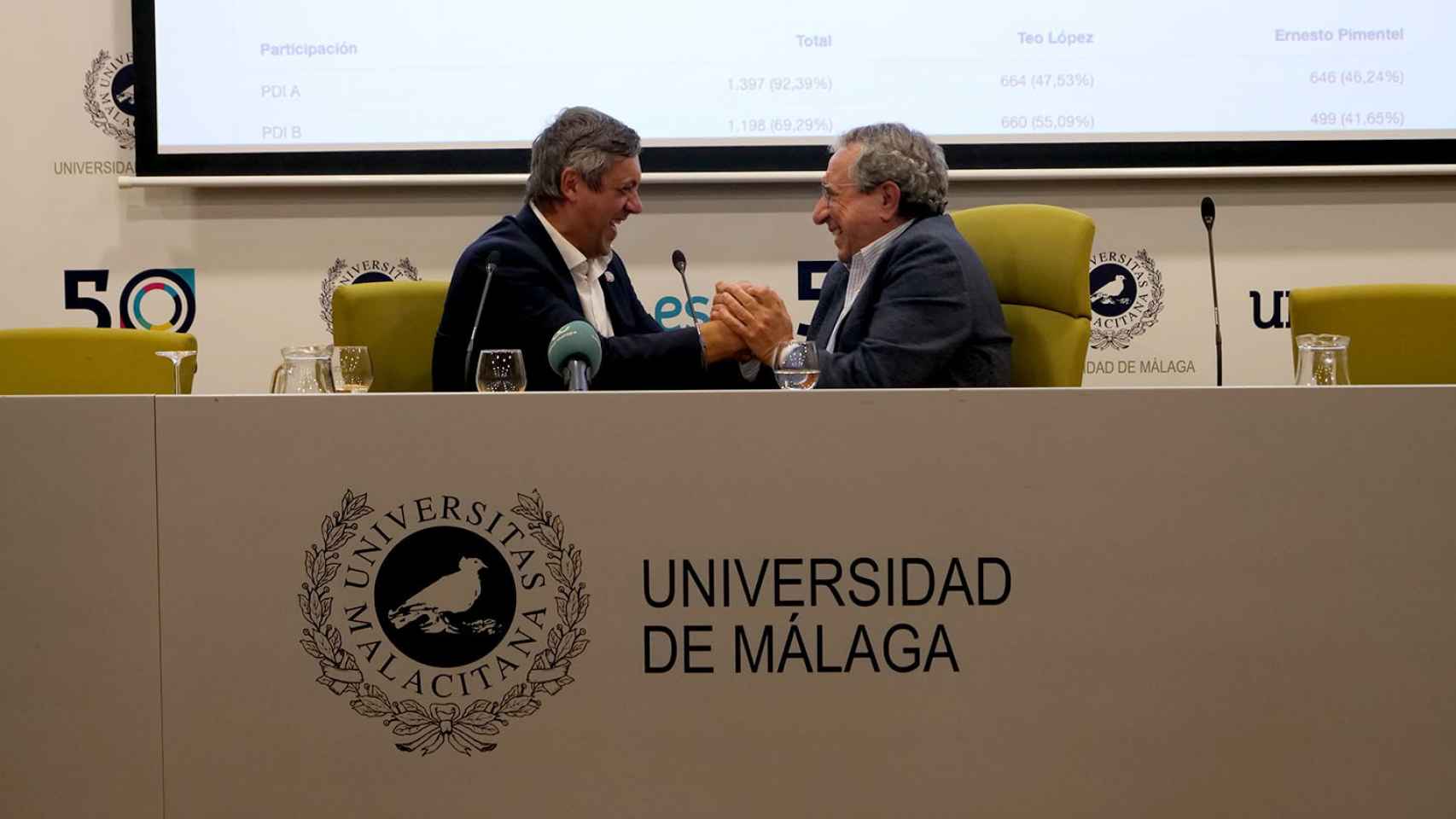 Teo López, felicitado por el actual rector, José Ángel Narváez.