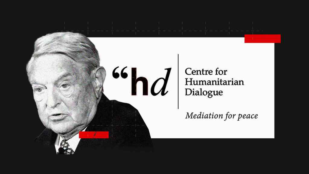 George Soros junto al logo del Centro para el Diálogo Humanitario Henri Dunant