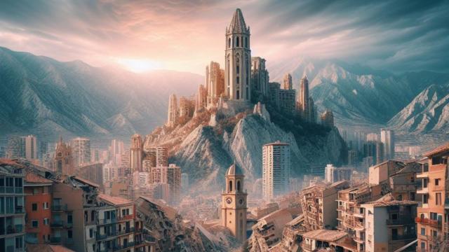 Imagen ficticia de una ciudad montañosa tras sufrir un terremoto.