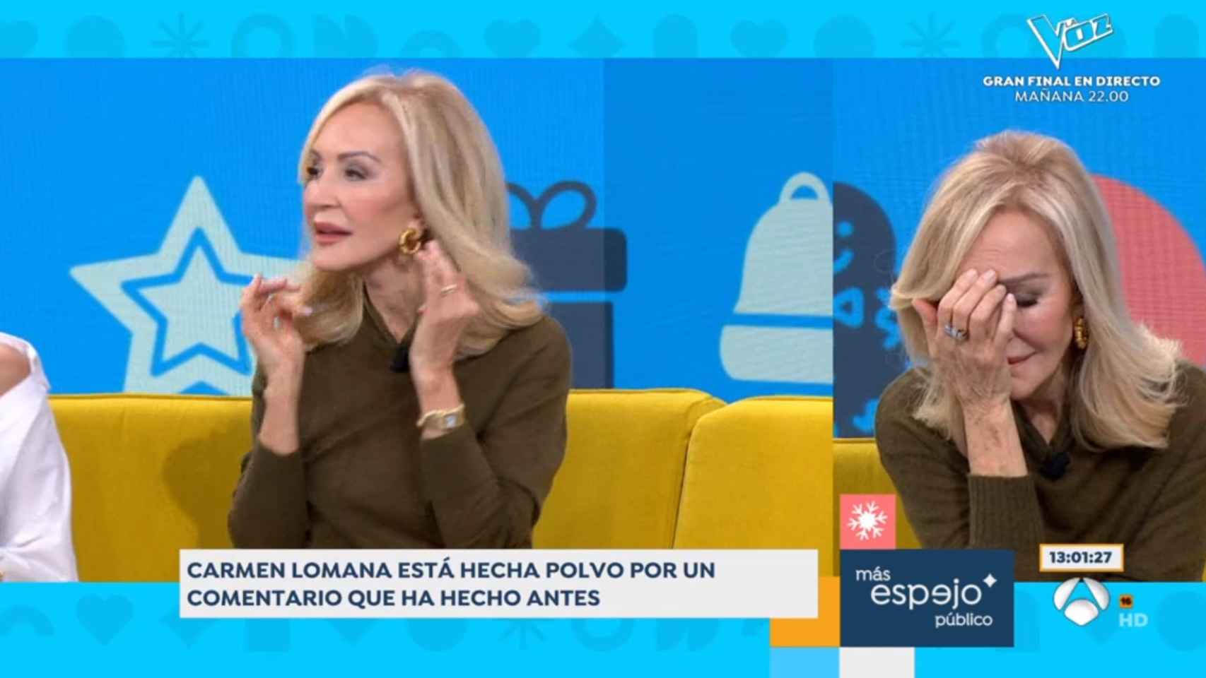 Carmen Lomana se echa las manos a la cabeza tras conocer que estaba en directo en 'Espejo Público'.