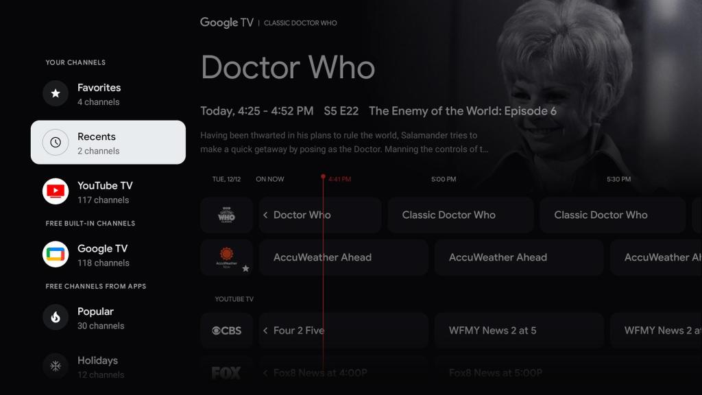 Imagen de la función recientes en Live TV de Google TV