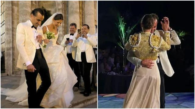 Los novios al salir de la iglesia y bailando en el convite. Instagram: @belenbarnechea