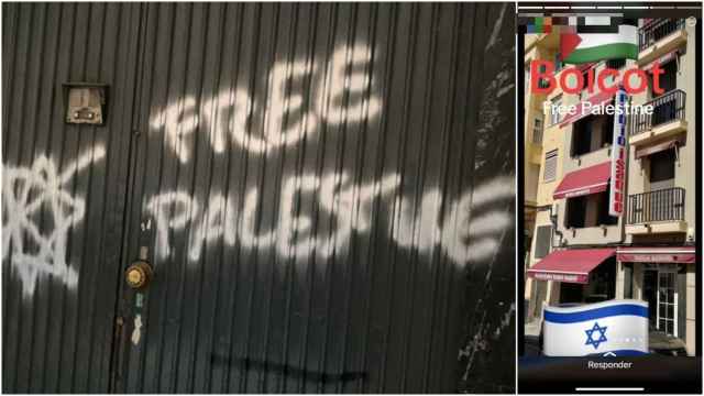 Imagenes de las pintadas aparecidas en una sinagoga de Madrid y llamando al boicot a comercios de judíos en Melilla.