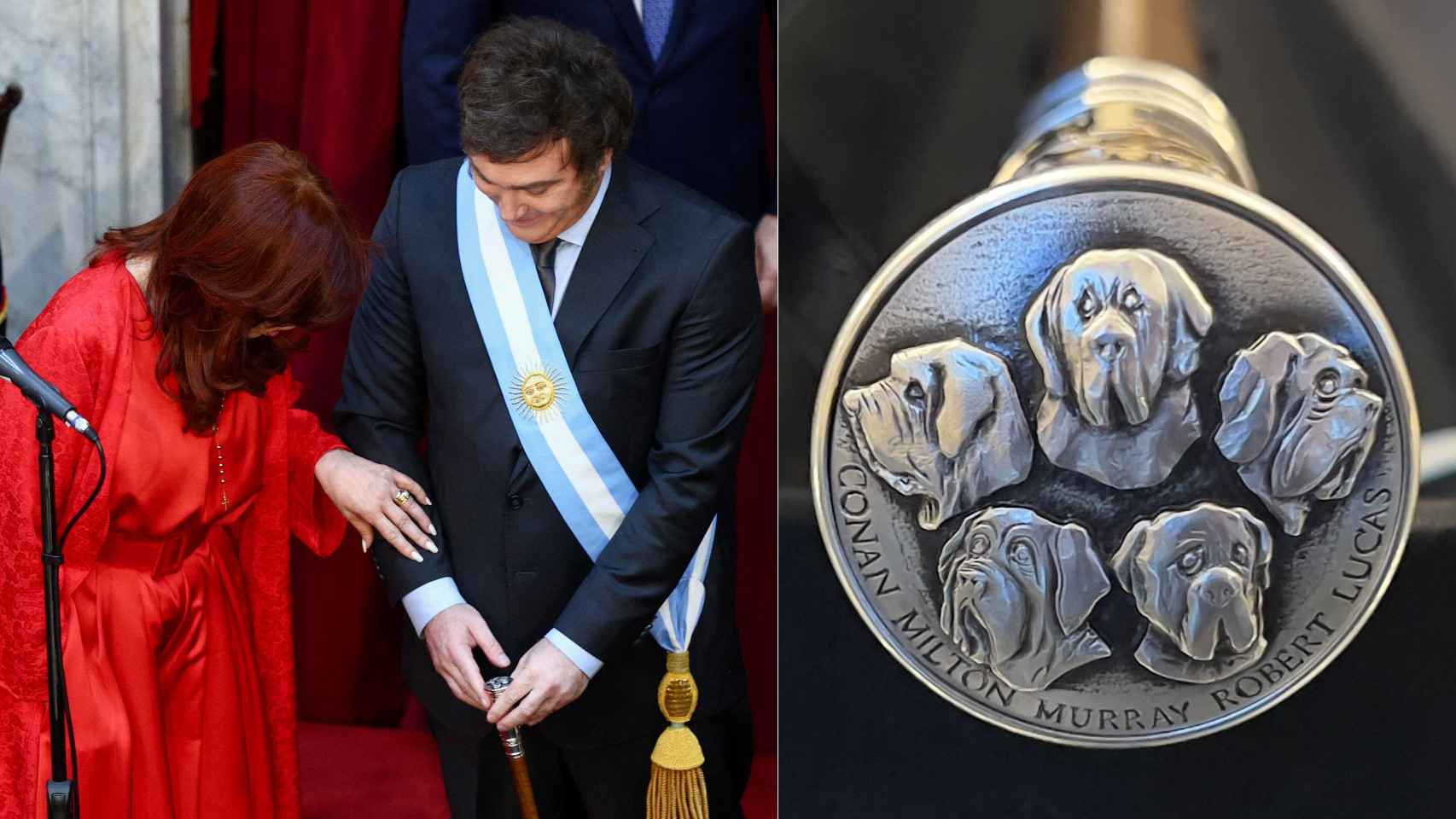Milei le enseñaba a Cristina Fernández su bastón de mando, con los 5 perros grabados