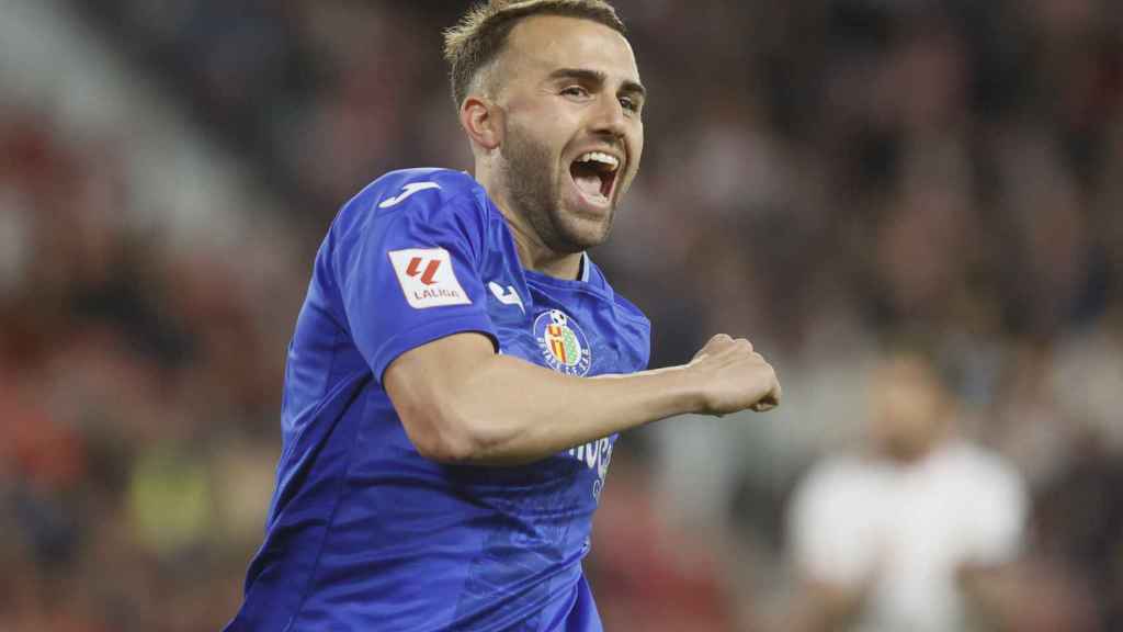 Borja Mayoral celebra el gol en el Pizjuán ante el Sevilla.
