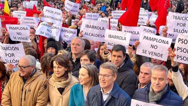 Alberto Núñez Feijóo junto a otros dirigentes del PP en la manifestación convocada por UPN en Pamplona, este domingo.