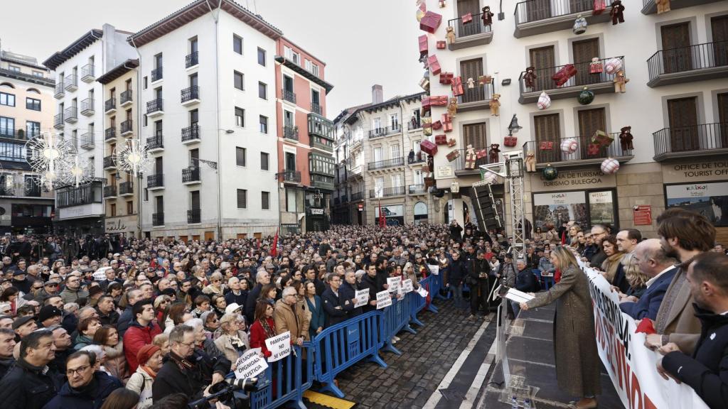 Cristina Ibarrola se dirige a los manifestantes contra la moción de censura contra UPN