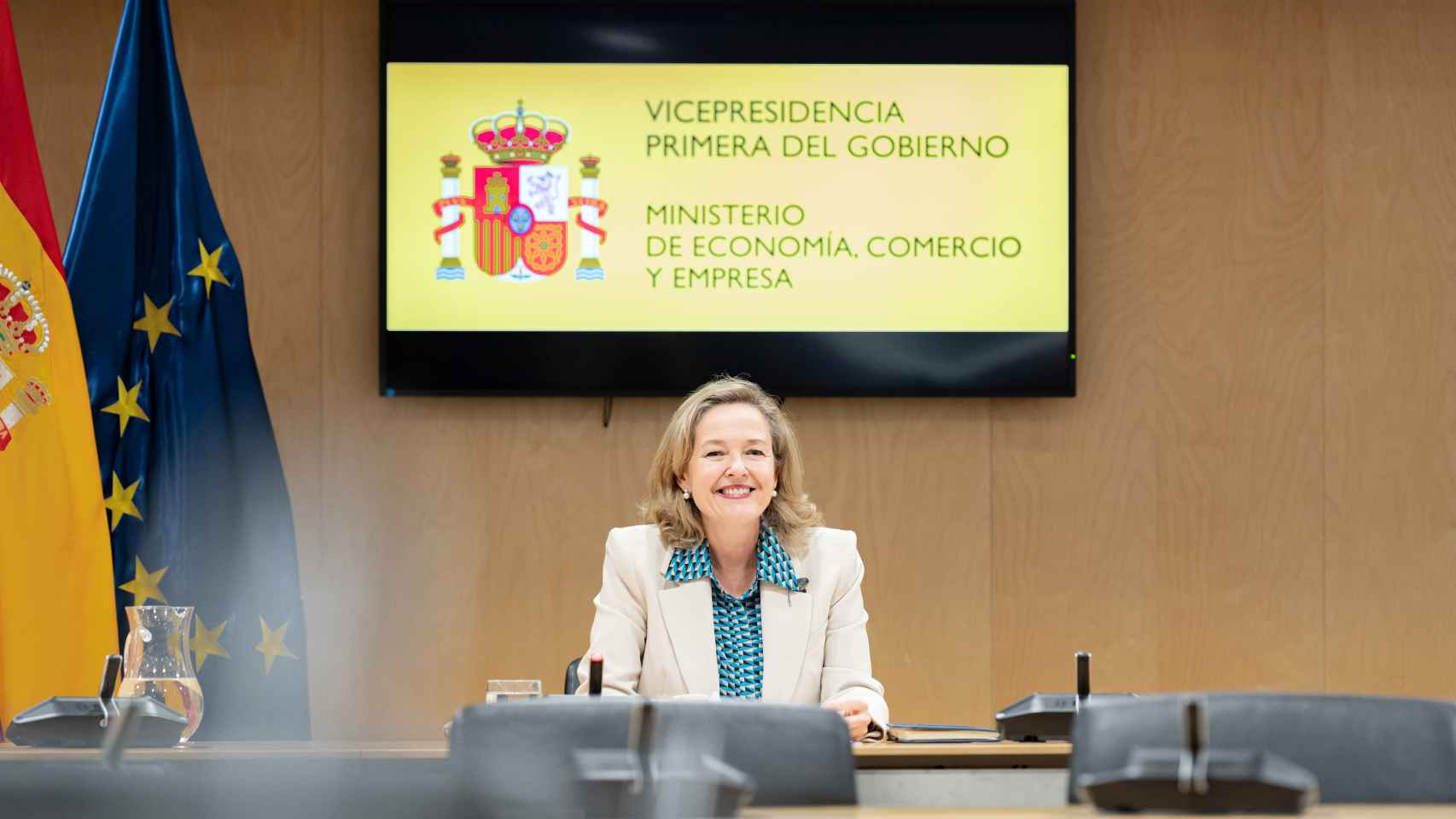 Nadia Calviño, vicepresidenta primera del Gobierno, minutos antes de celebrar este lunes una reunión con las patronales bancarias y el Banco de España.