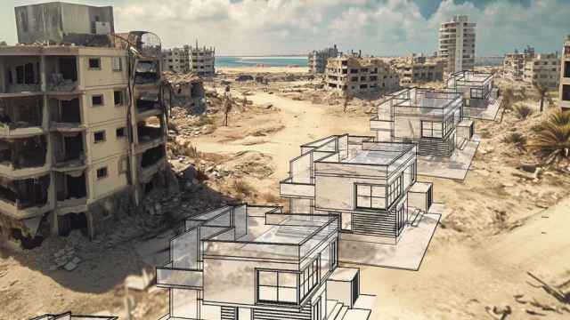 Un anuncio de Harey Zahav presenta una urbanización en primera línea de playa sobre los escombros de Gaza.