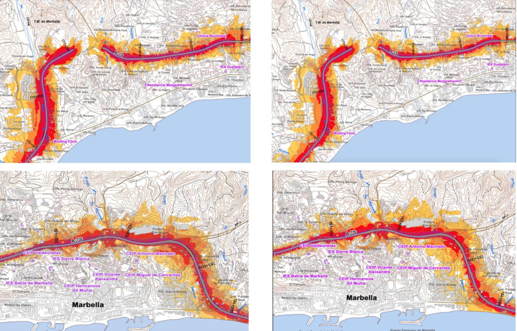 Mapas de ruido en las zonas cercanas a la autopista de la Costa del Sol a su paso por Marbella.