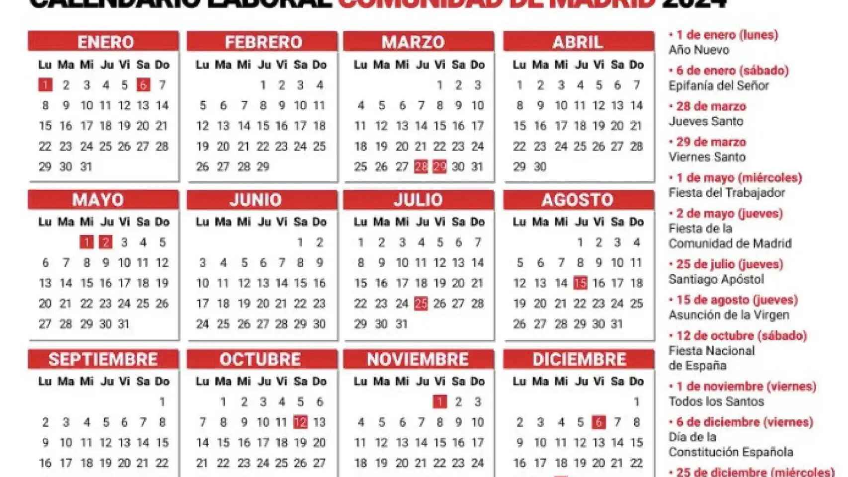 Calendario laboral Madrid 2024.