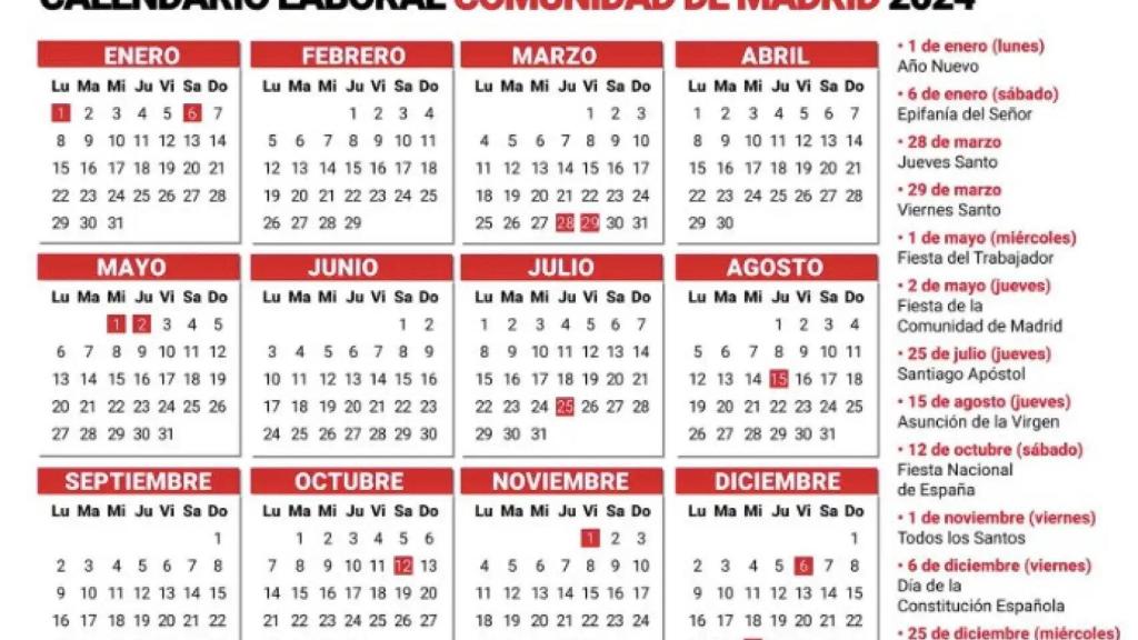 Calendario laboral Madrid 2024.