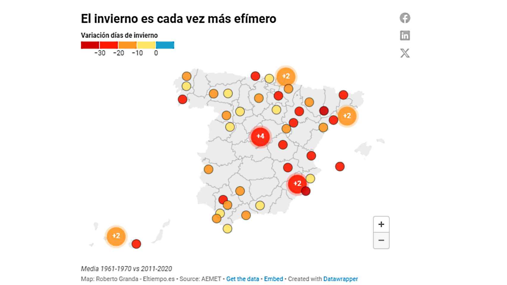 Variaciones de la duración del invierno en España. Roberto Granda/Aemet/ElTiempo.es.