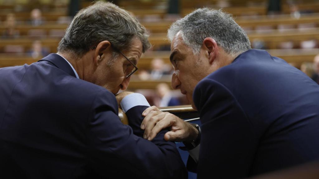 Feijóo conversa con Elías Bendodo, este miércoles, en el Congreso de los Diputados.