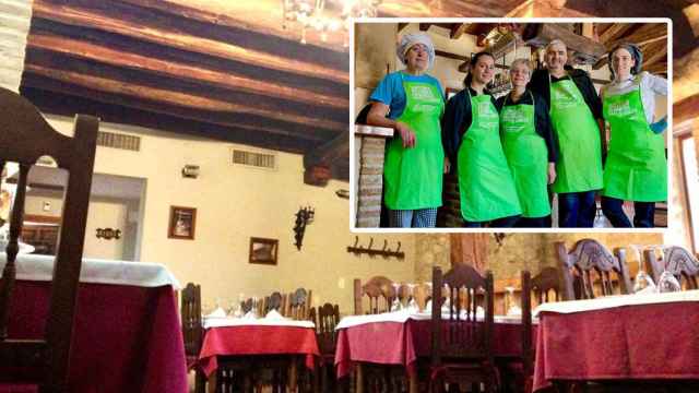 El Restaurante El Lagar de San Vicente y sus trabajadores: de izquierda a derecha Begoña, Henar una extra, M. Carmen, mujer de Jesús, Jesús y Begoña