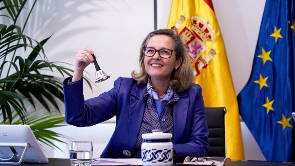 La vicepresidenta Nadia Calviño, durante el Ecofin virtual celebrado este miércoles para aprobar las reglas fiscales