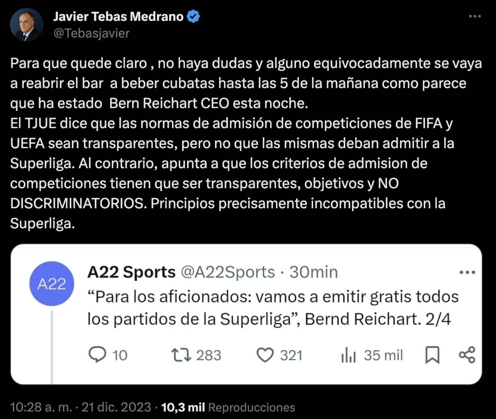 Javier Tebas, en Twitter