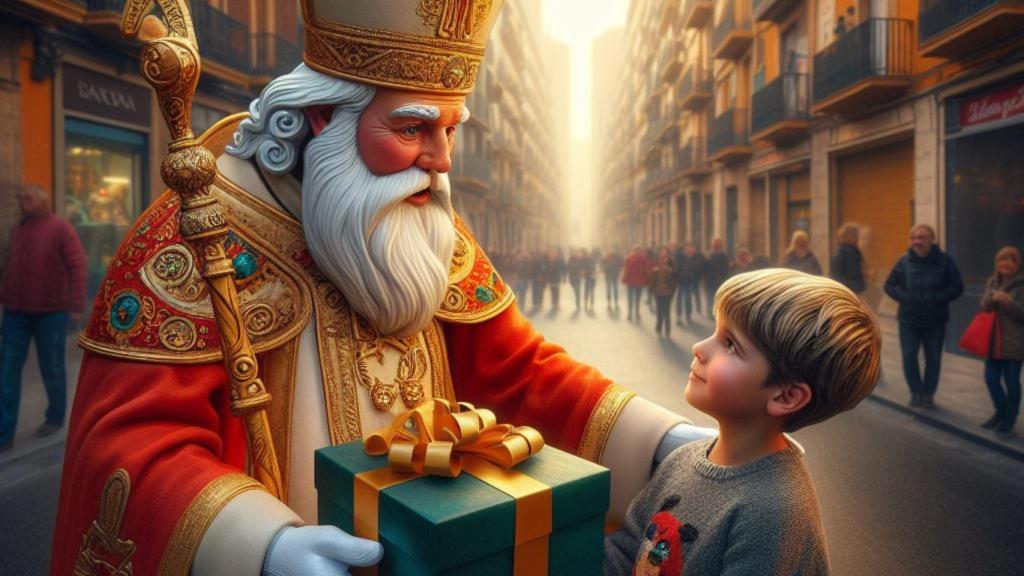 San Nicolás entregando un regalo a un niño, en una imagen creada con IA.