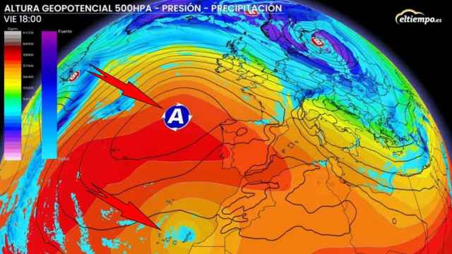 El anticiclón que se aproxima a la Península Ibérica mientras la DANA afecta a Canarias. ElTiempo.es.