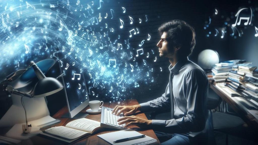 Un hombre con un ordenador rodeado de notas musicales